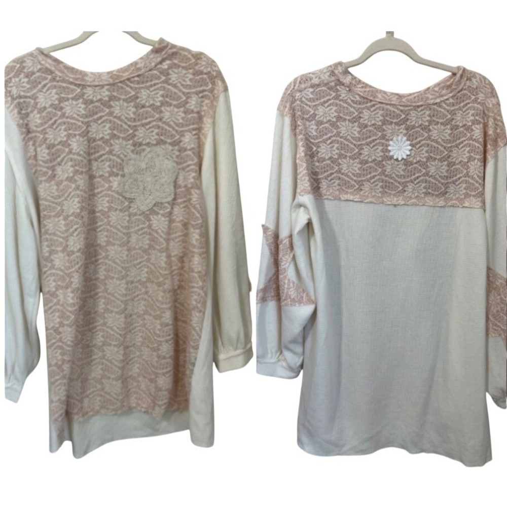 POL Size S Oversize Lace Waffle Knit Top Star Elbows Crochet Appliques Boho‎